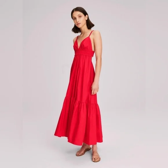 A.L.C. Red Rhodes Cotton Poplin Maxi Dress 4 Tiered Resort Colorful Open Back - Picture 1 of 2